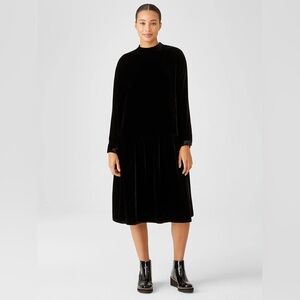 Eileen Fisher Velvet Drop-Waist Dress Midi Black Size 1X Plus Silk Blend Minimal